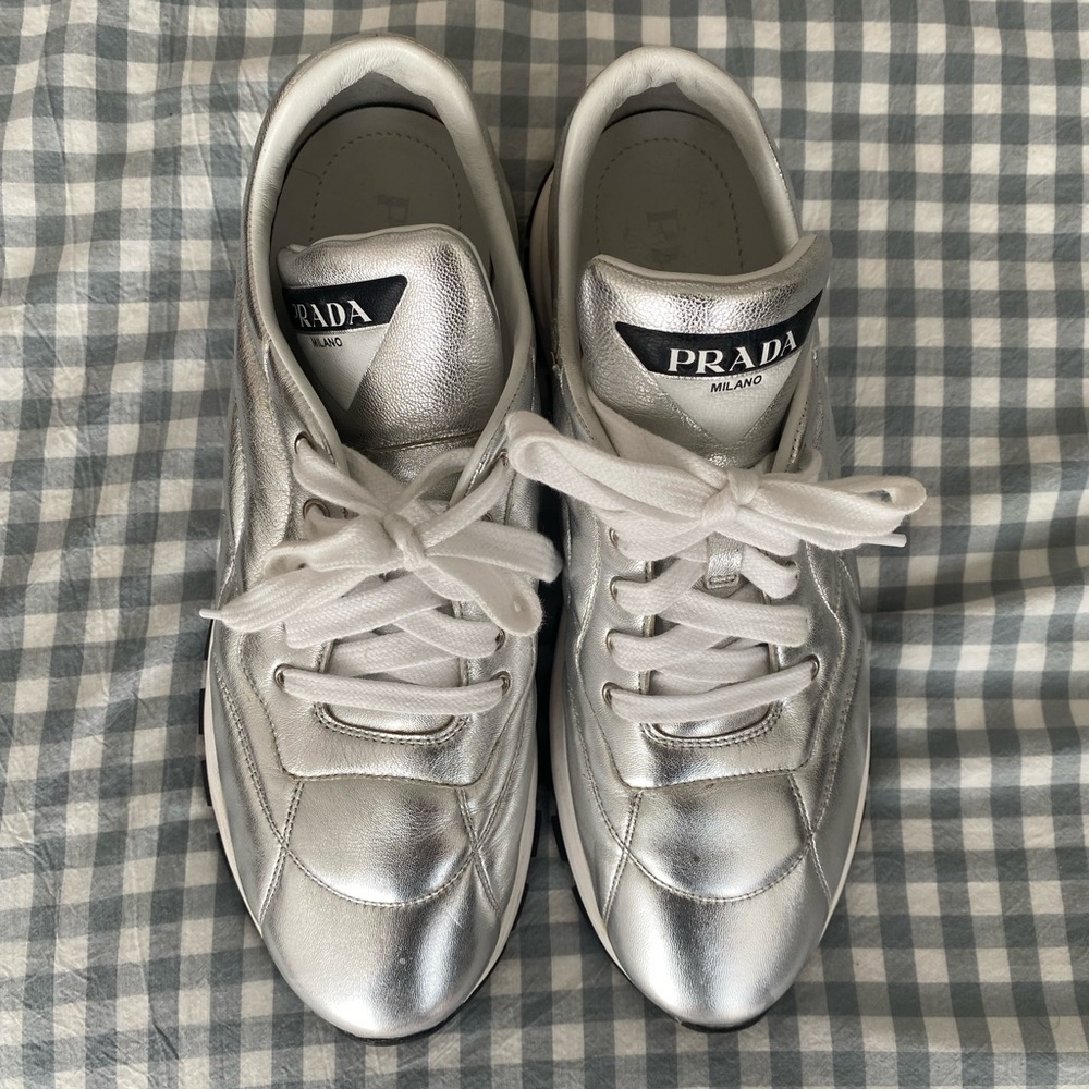 Prada shoes, Prada metallic silver sneaks